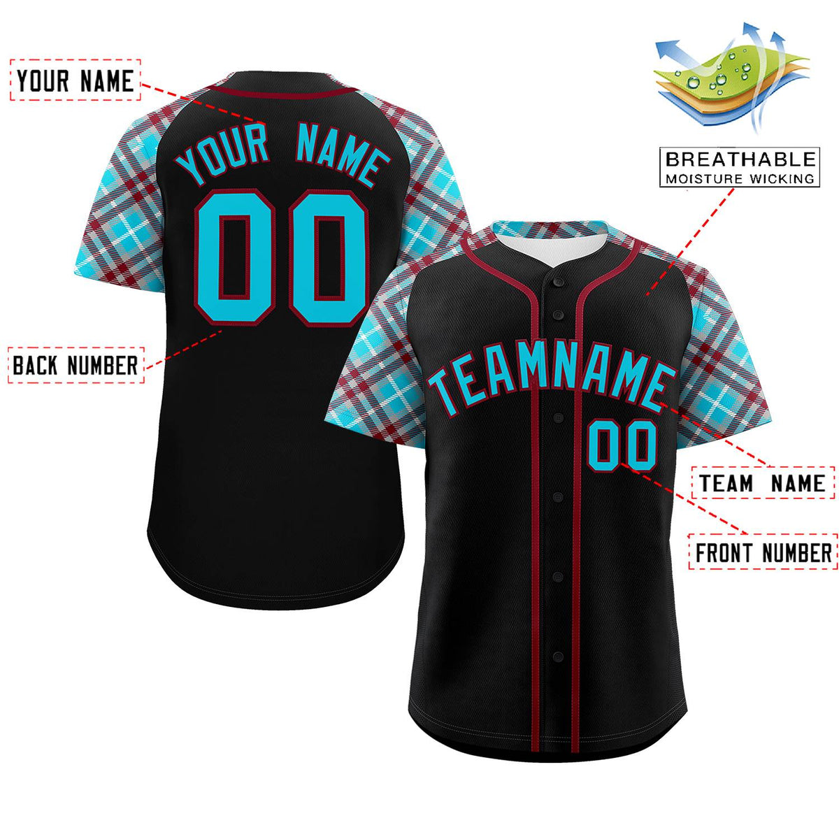 Custom Black Sky Blue-Crimson Personalized Raglan Sleeves Authentic Baseball Jersey | KXKSHOP