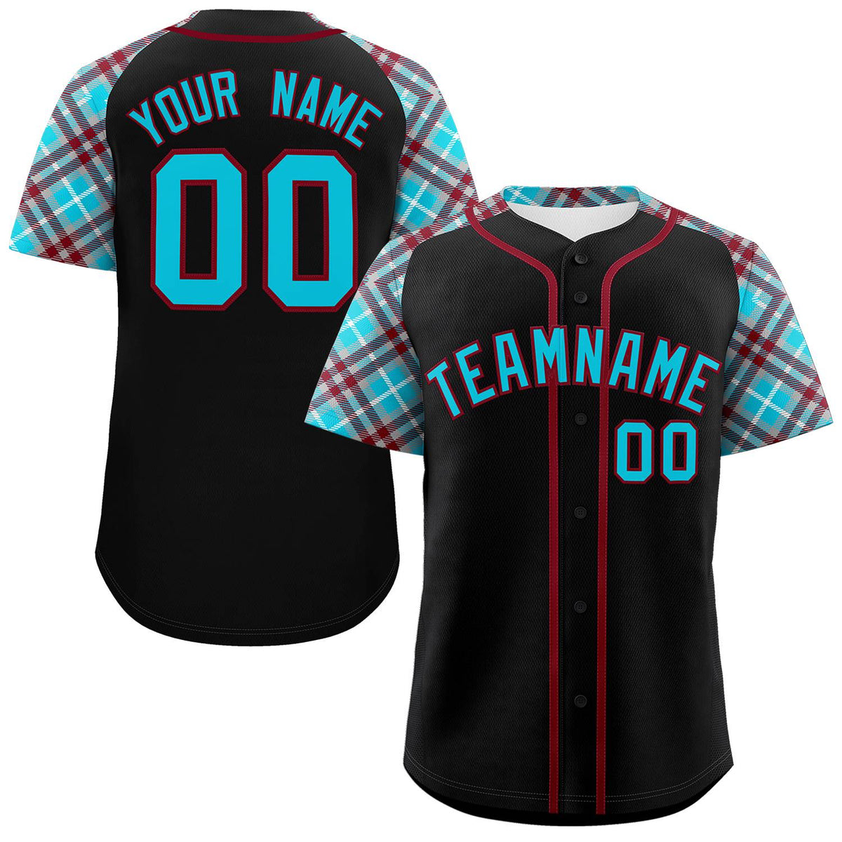 Custom Black Sky Blue-Crimson Personalized Raglan Sleeves Authentic Baseball Jersey | KXKSHOP