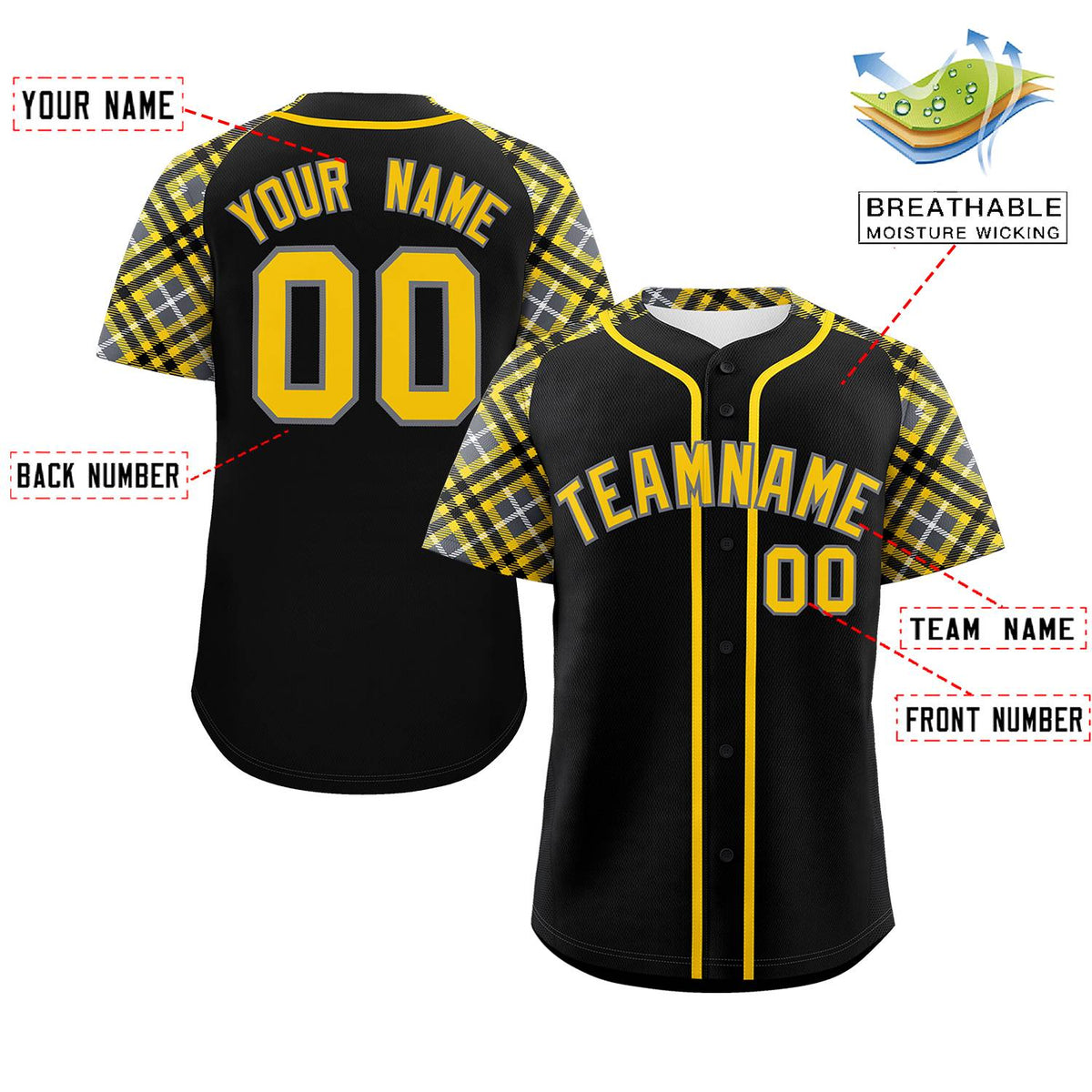 Custom Black Gold-Gray Personalized Raglan Sleeves Authentic Baseball Jersey | KXKSHOP