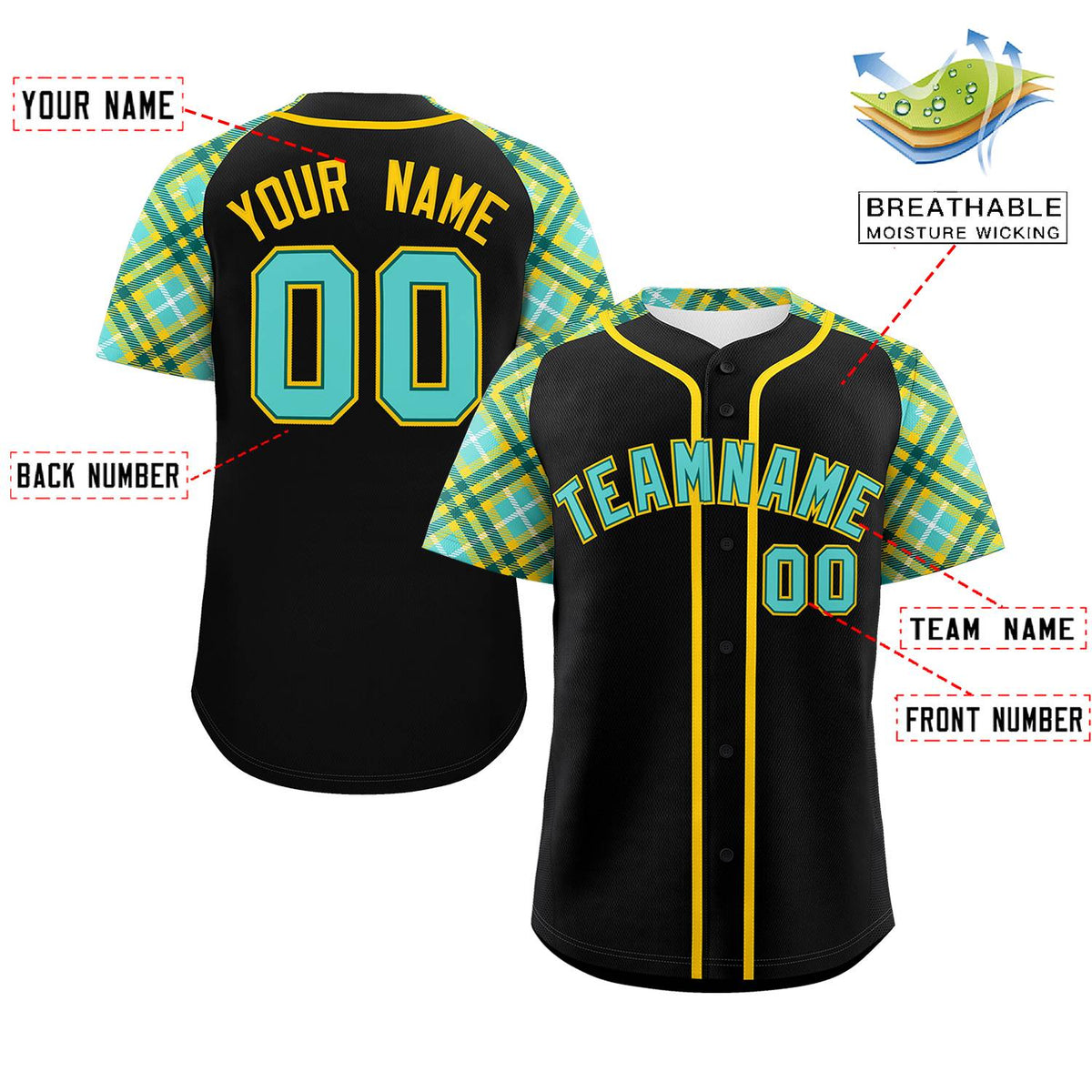 Custom Black Bright Green-Gold Personalized Raglan Sleeves Authentic Baseball Jersey | KXKSHOP