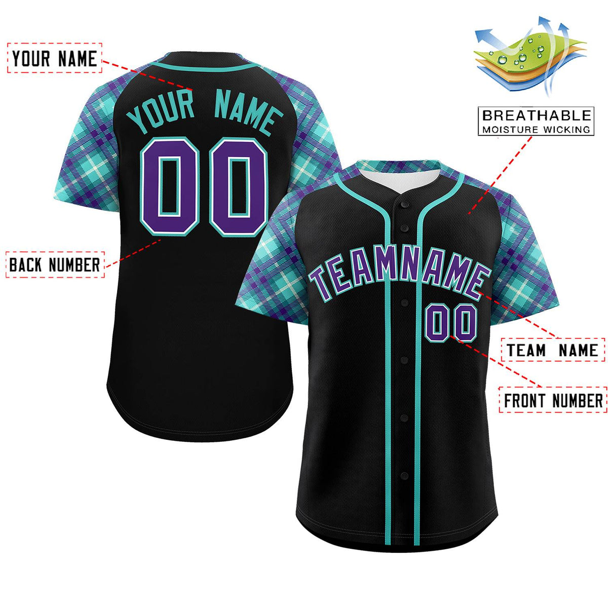 Custom Black Purple-Bright Green Personalized Raglan Sleeves Authentic Baseball Jersey | KXKSHOP
