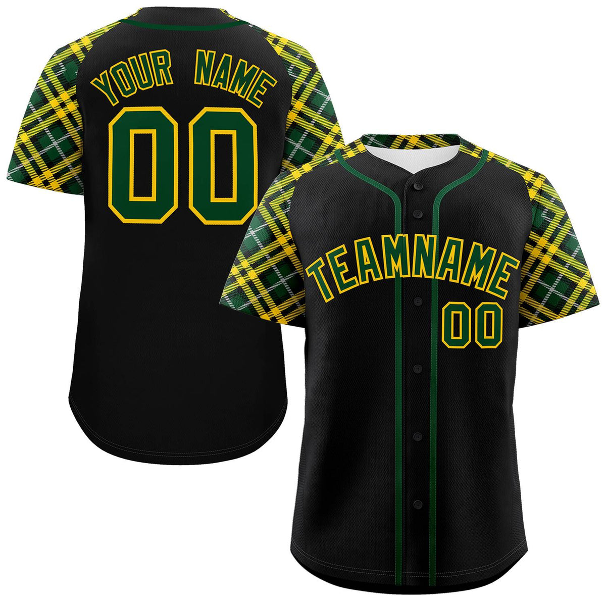 Custom Black Green-Gold Personalized Raglan Sleeves Authentic Baseball Jersey | KXKSHOP