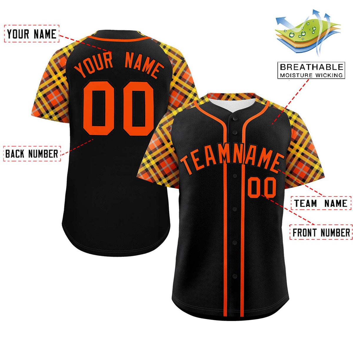 Custom Black Orange- Personalized Raglan Sleeves Authentic Baseball Jersey | KXKSHOP