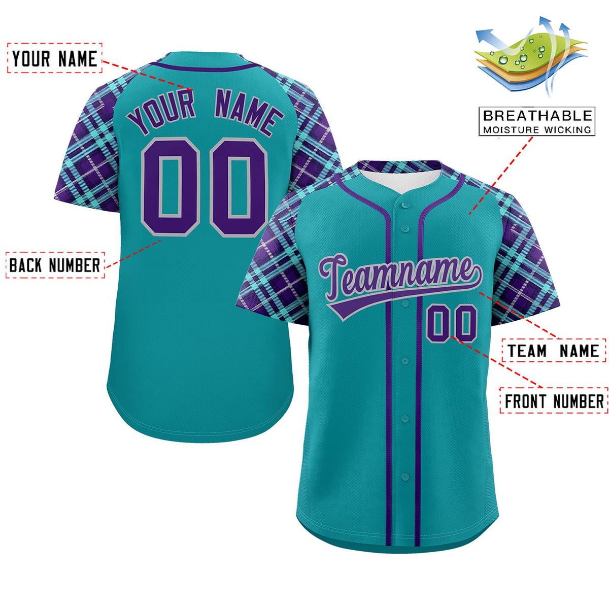 Custom Aqua Purple-Gray Personalized Raglan Sleeves Authentic Baseball Jersey | KXKSHOP