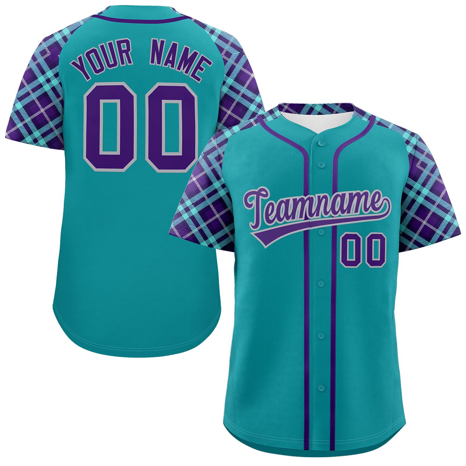 Custom Aqua Purple-Gray Personalized Raglan Sleeves Authentic Baseball Jersey | KXKSHOP