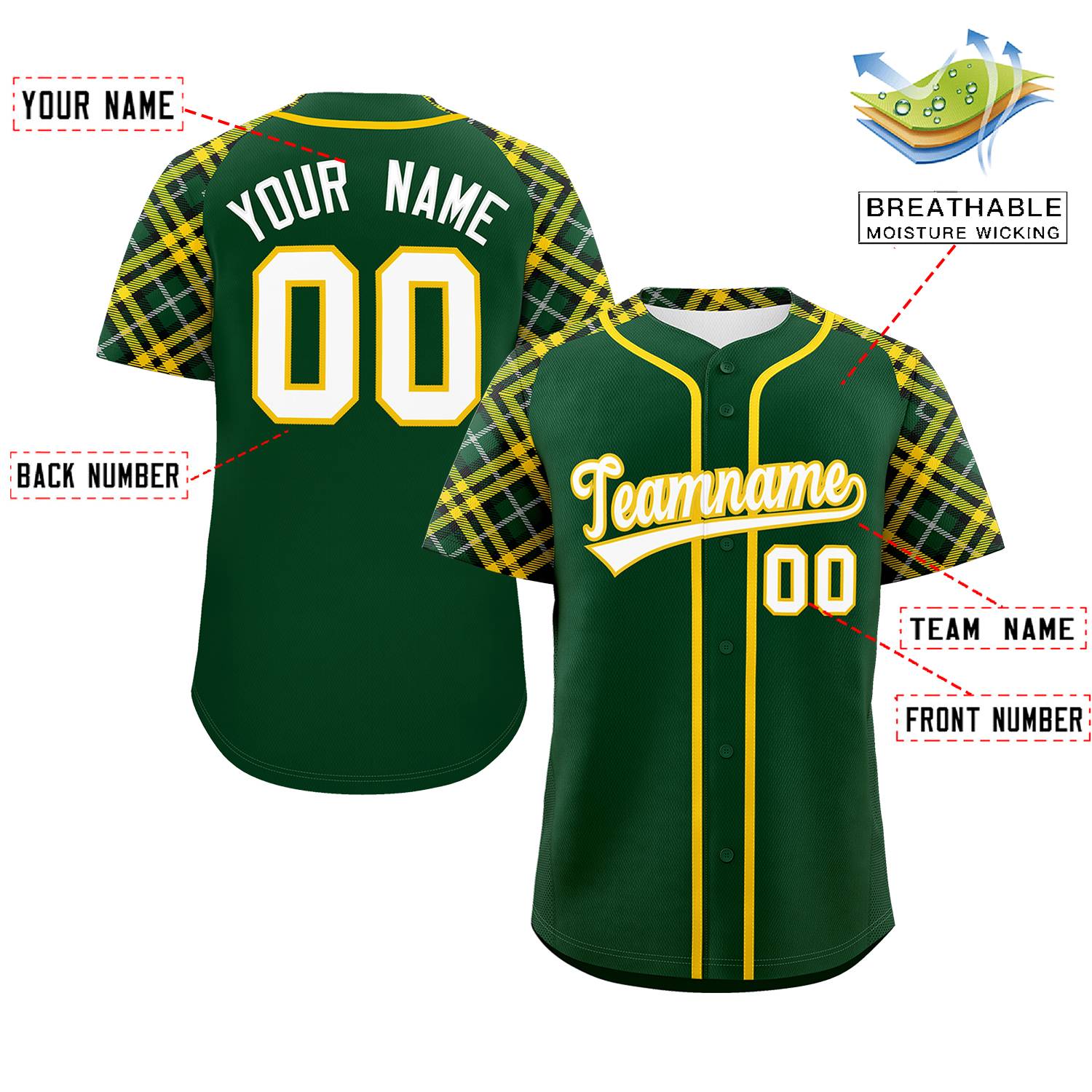 Custom Green White-Gold Personalized Raglan Sleeves Authentic Baseball Jersey | KXKSHOP