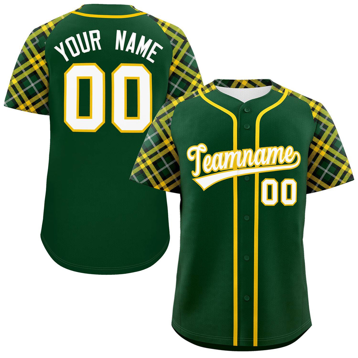 Custom Green White-Gold Personalized Raglan Sleeves Authentic Baseball Jersey | KXKSHOP