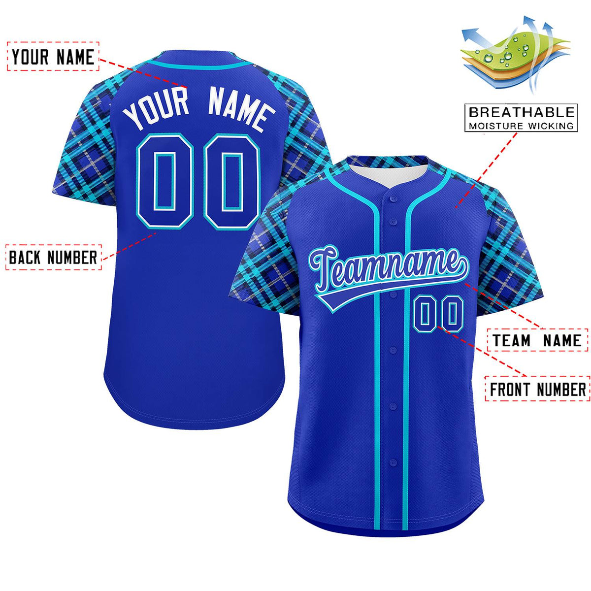 Custom Royal-Sky Blue Personalized Raglan Sleeves Authentic Baseball Jersey | KXKSHOP