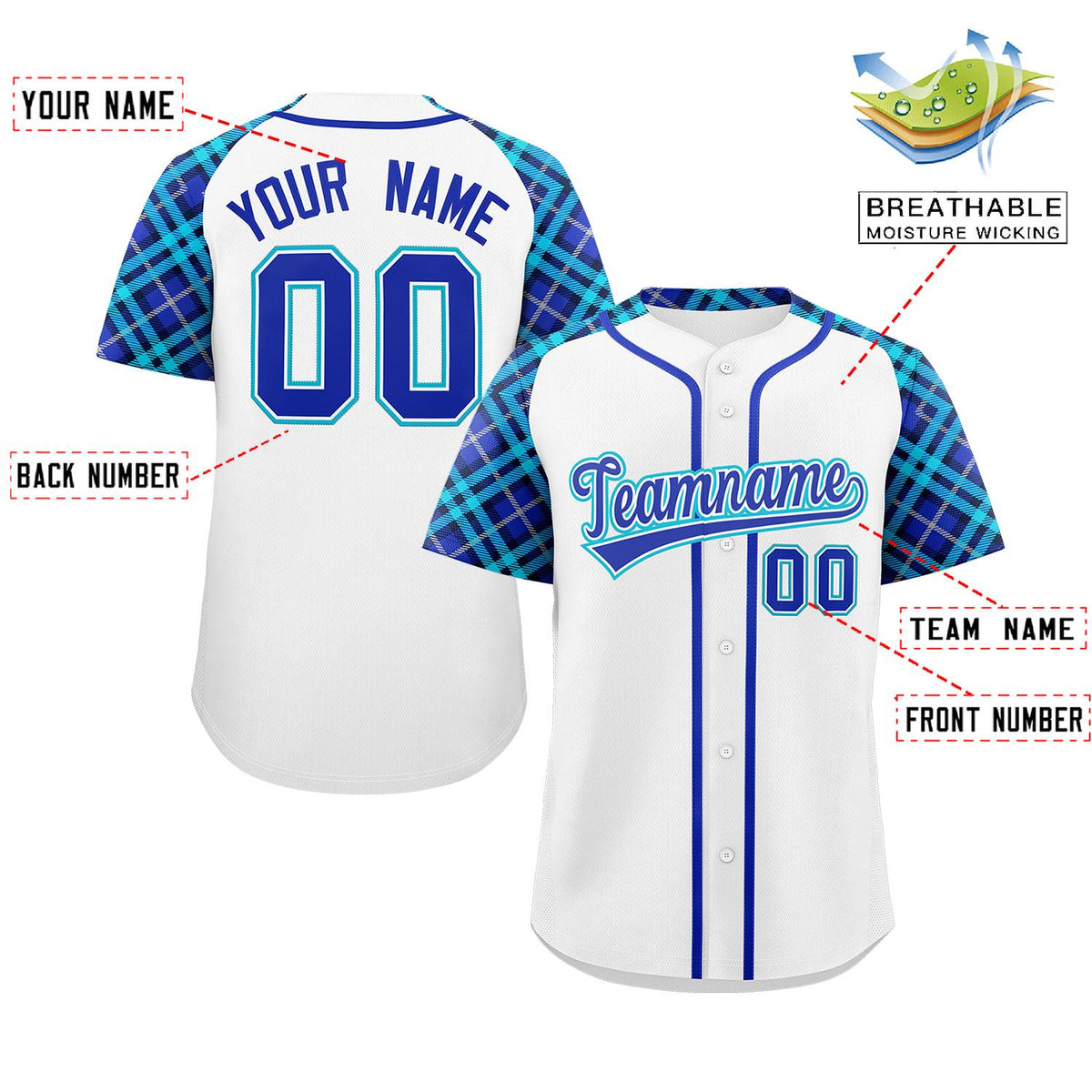 Custom White Royal-Sky Blue Personalized Raglan Sleeves Authentic Baseball Jersey | KXKSHOP