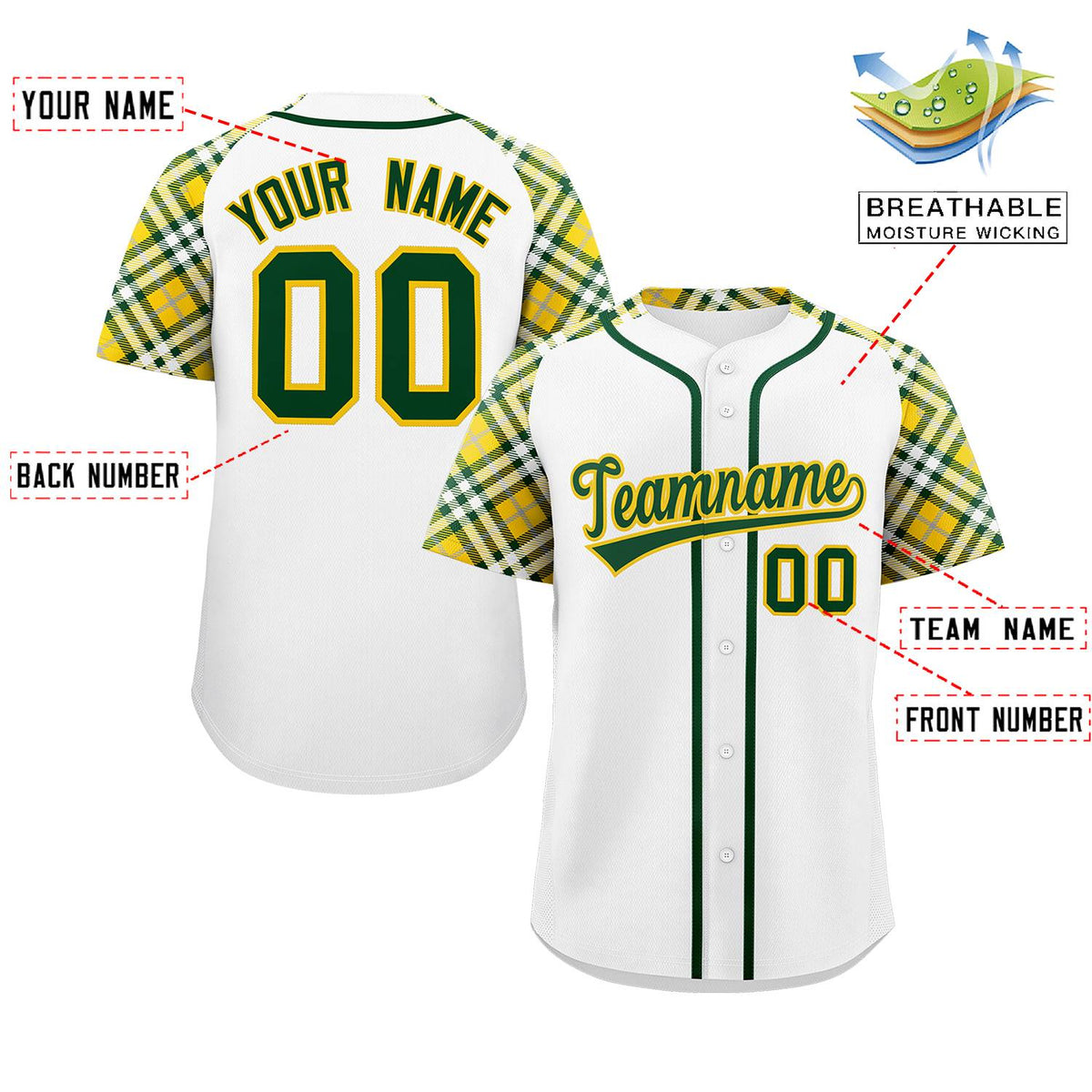 Custom White Green-Gold Personalized Raglan Sleeves Authentic Baseball Jersey | KXKSHOP