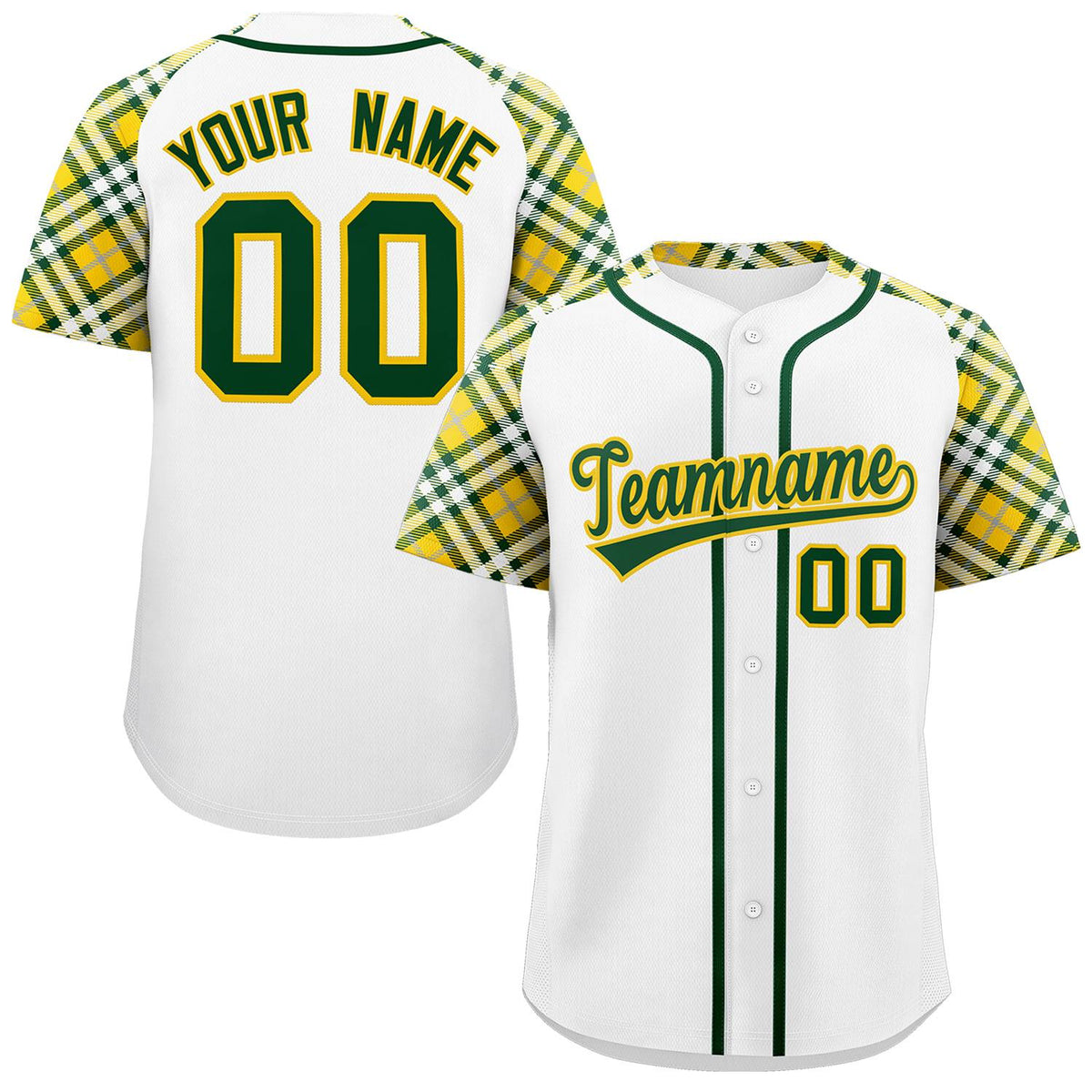 Custom White Green-Gold Personalized Raglan Sleeves Authentic Baseball Jersey | KXKSHOP