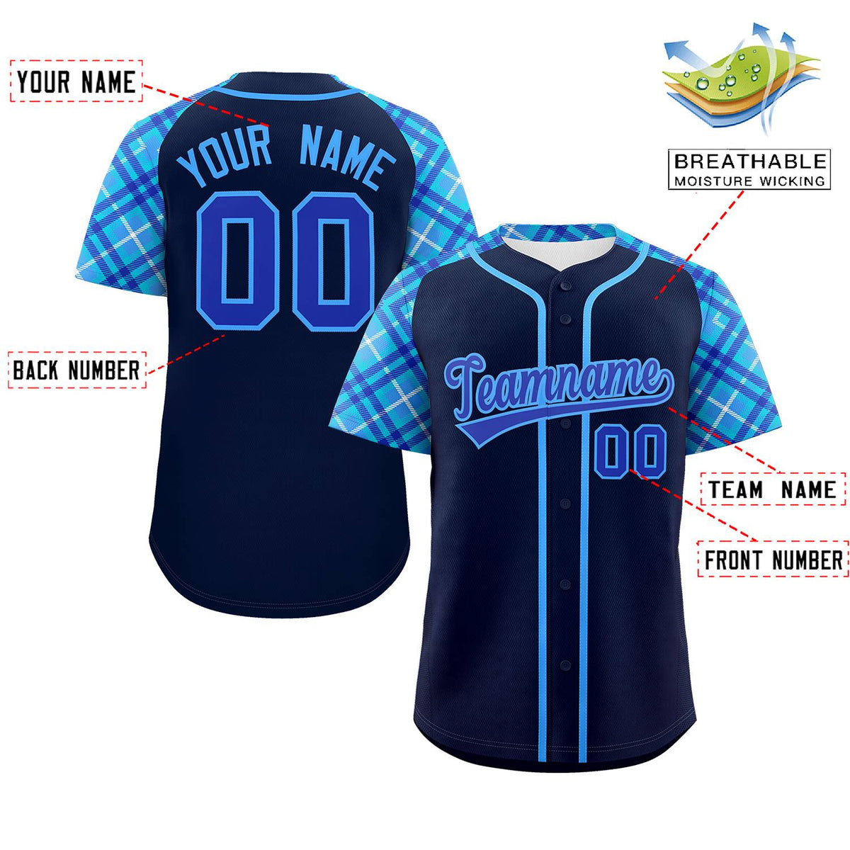 Custom Navy Royal-Powder Blue Personalized Raglan Sleeves Authentic Baseball Jersey | KXKSHOP