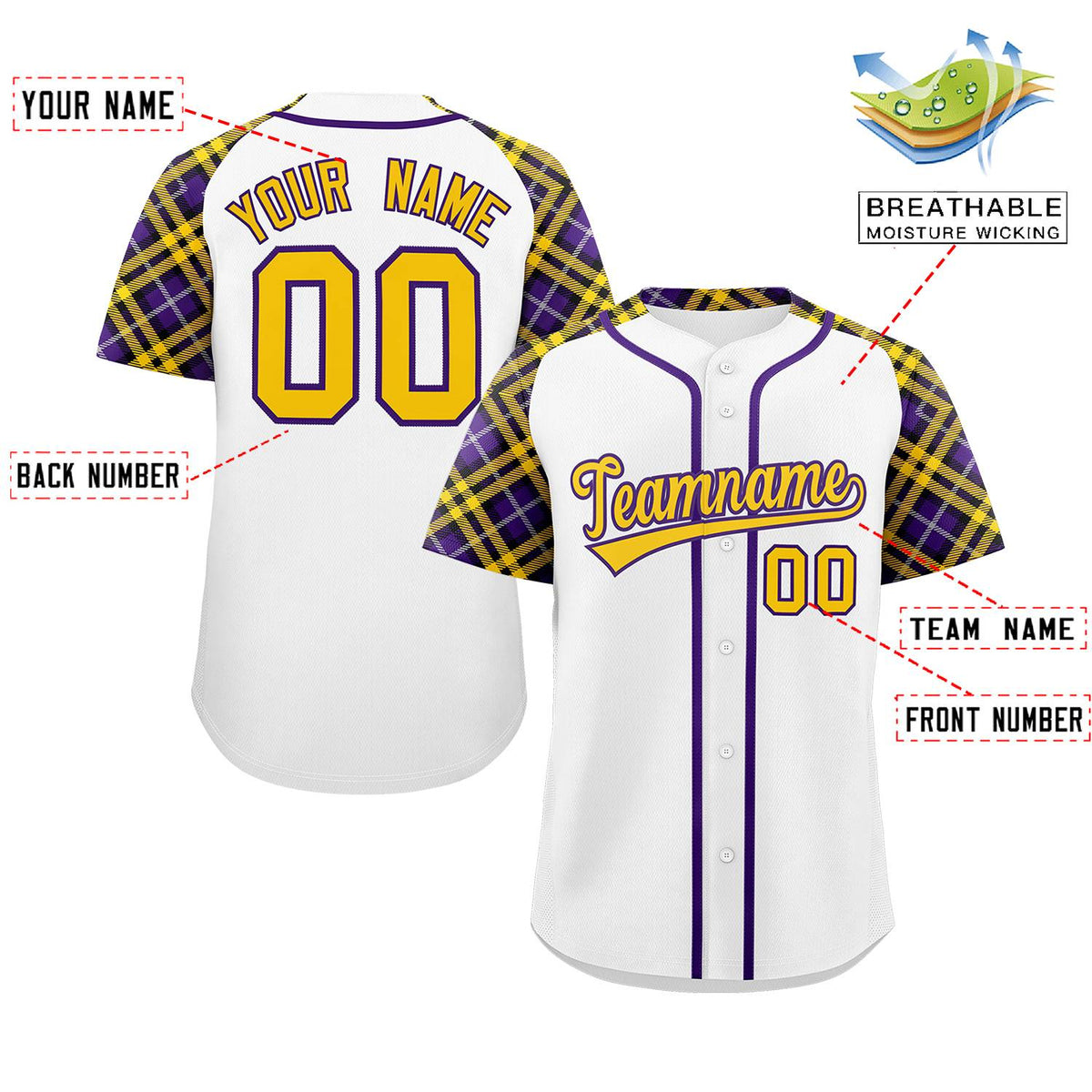 Custom White Gold-Purple Personalized Raglan Sleeves Authentic Baseball Jersey | KXKSHOP