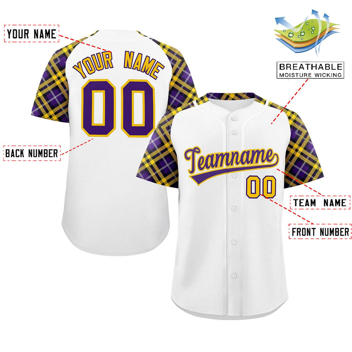 Custom White Purple-Gold Personalized Raglan Sleeves Authentic Baseball Jersey | KXKSHOP