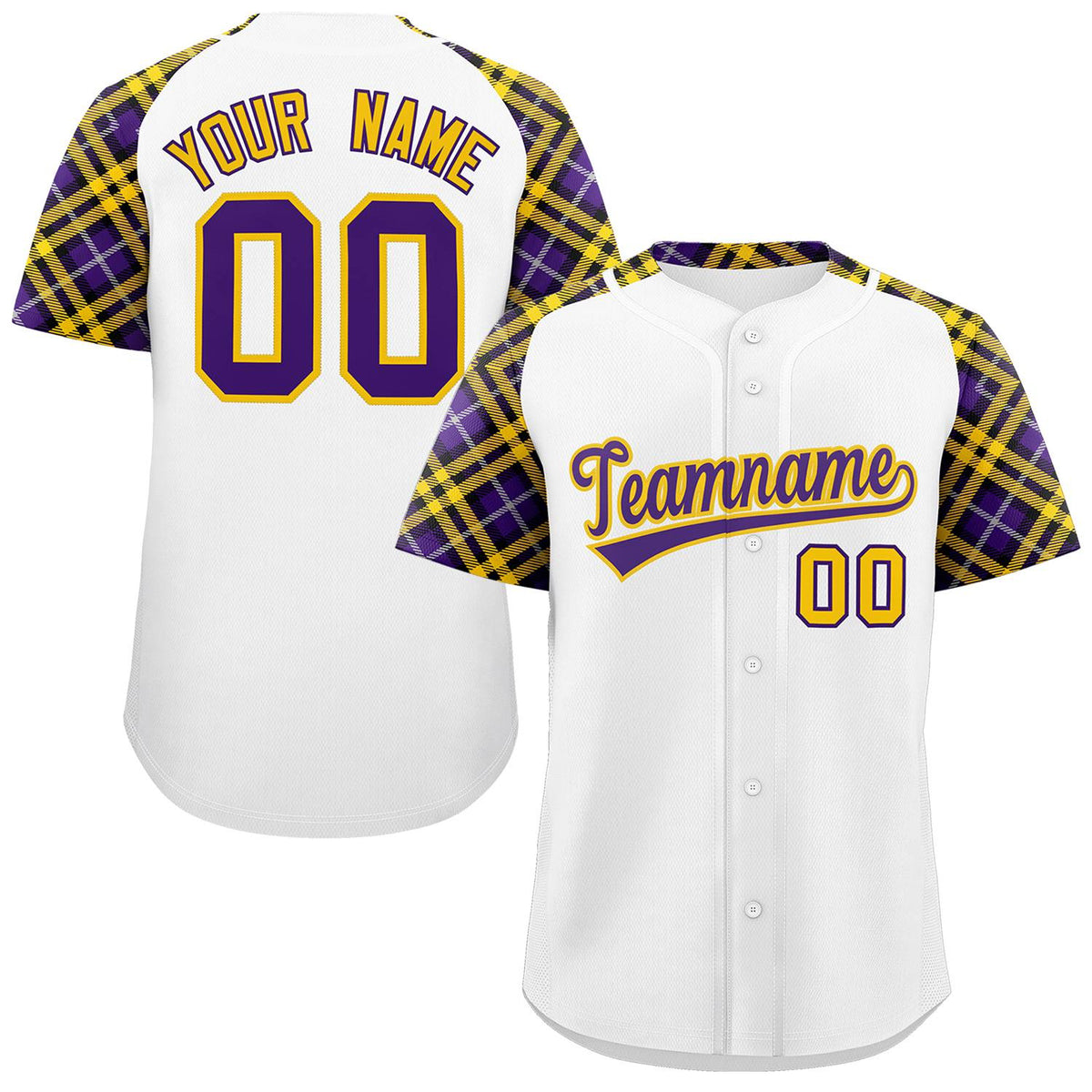 Custom White Purple-Gold Personalized Raglan Sleeves Authentic Baseball Jersey | KXKSHOP