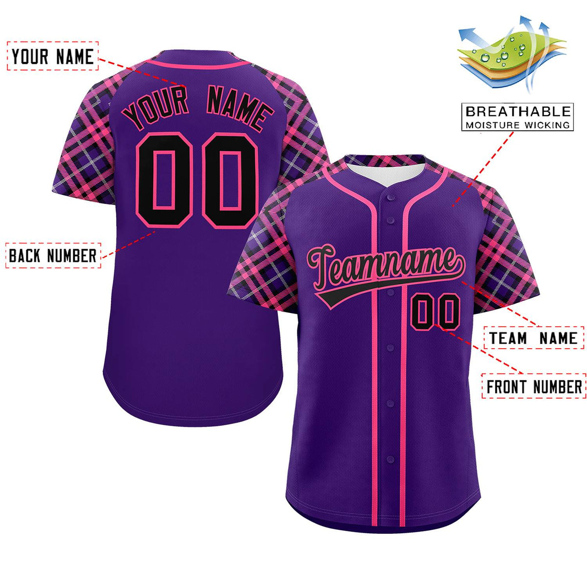 Custom Purple Black-Pink Personalized Raglan Sleeves Authentic Baseball Jersey | KXKSHOP