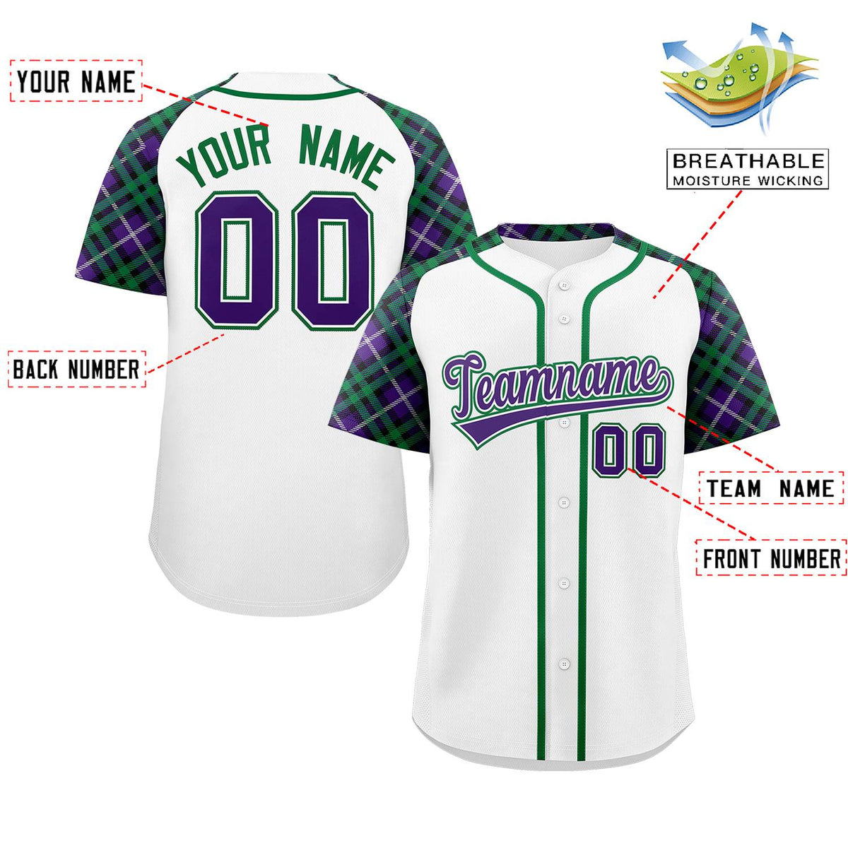 Custom White Purple-Kelly Green Personalized Raglan Sleeves Authentic Baseball Jersey | KXKSHOP