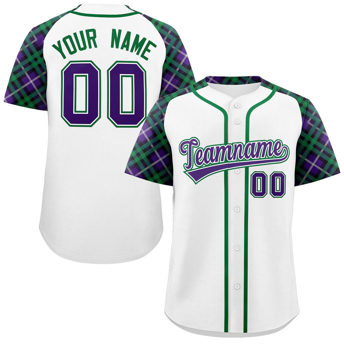 Custom White Purple-Kelly Green Personalized Raglan Sleeves Authentic Baseball Jersey | KXKSHOP