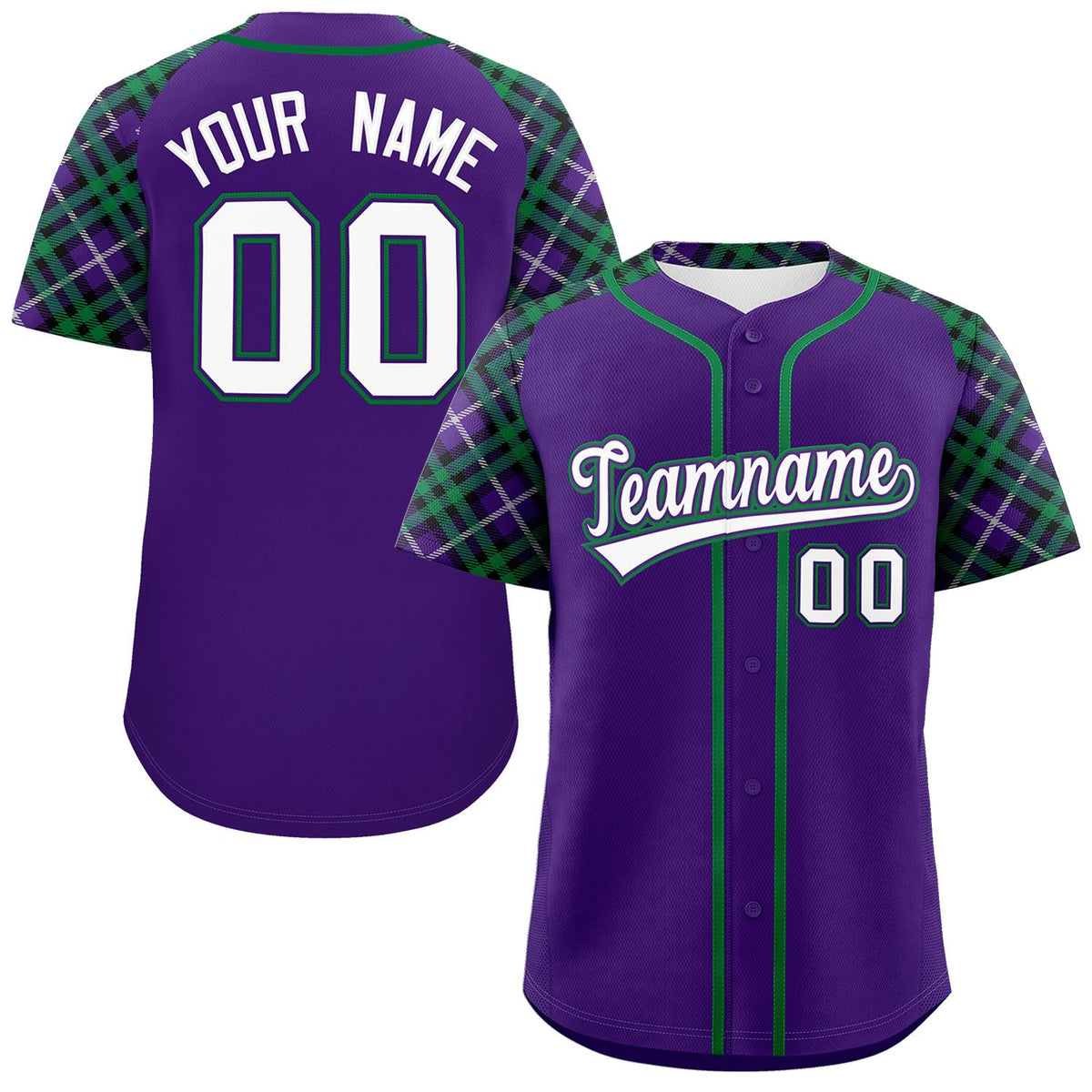 Custom Purple White-Kelly Green Personalized Raglan Sleeves Authentic Baseball Jersey | KXKSHOP