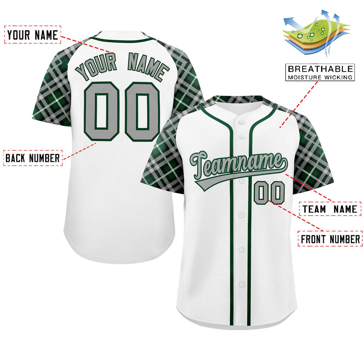 Custom White Gray-Green Personalized Raglan Sleeves Authentic Baseball Jersey | KXKSHOP
