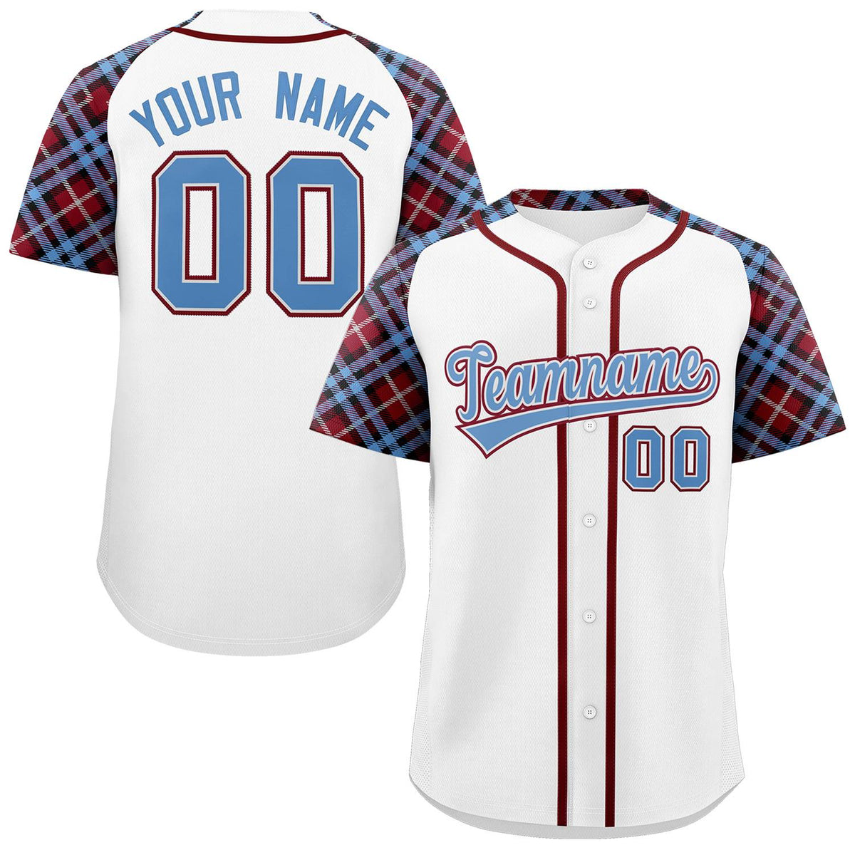 Custom White Light Blue-Crimson Personalized Raglan Sleeves Authentic Baseball Jersey | KXKSHOP