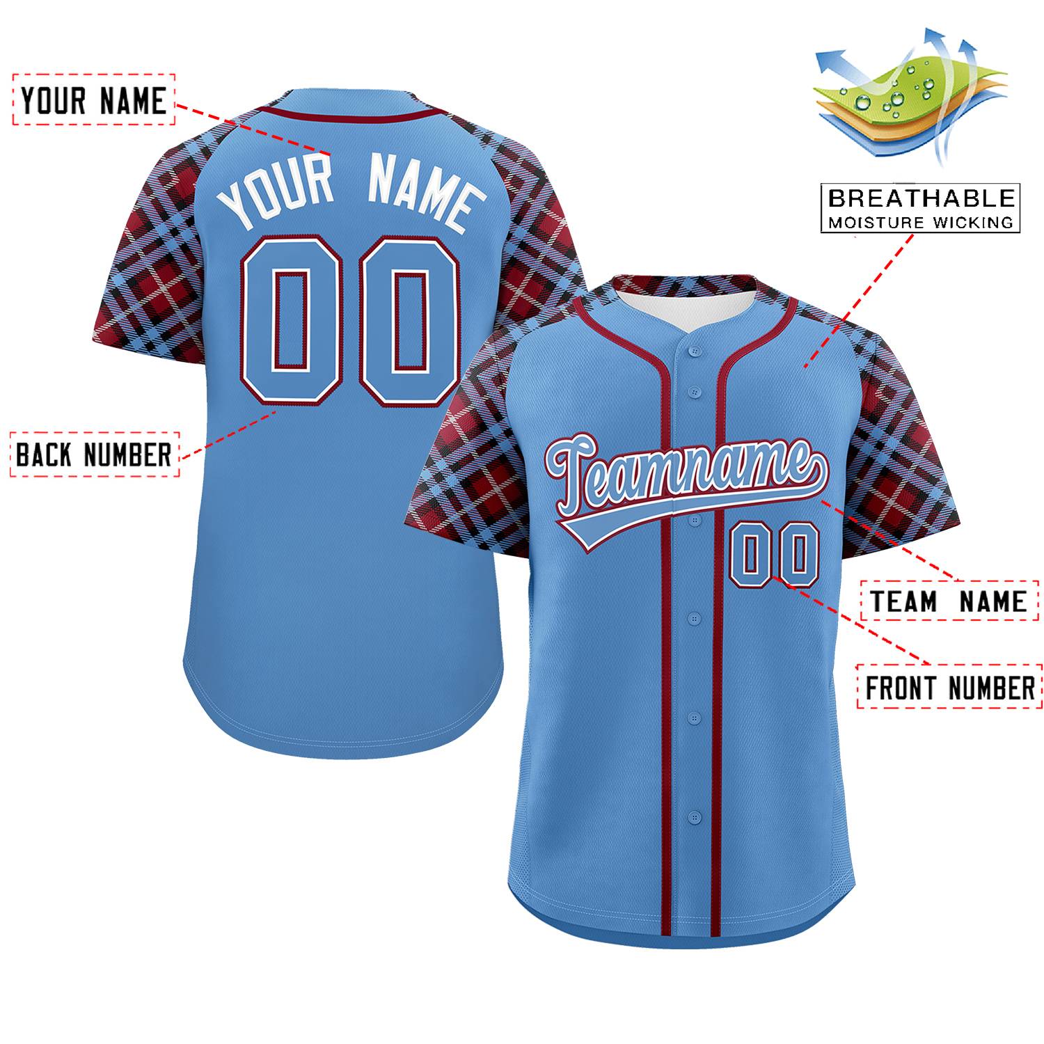 Custom Light Blue-Crimson Personalized Raglan Sleeves Authentic Baseball Jersey | KXKSHOP