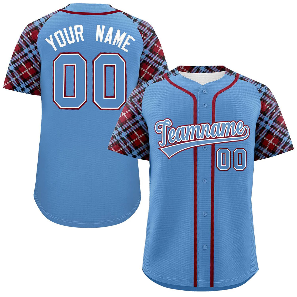 Custom Light Blue-Crimson Personalized Raglan Sleeves Authentic Baseball Jersey | KXKSHOP