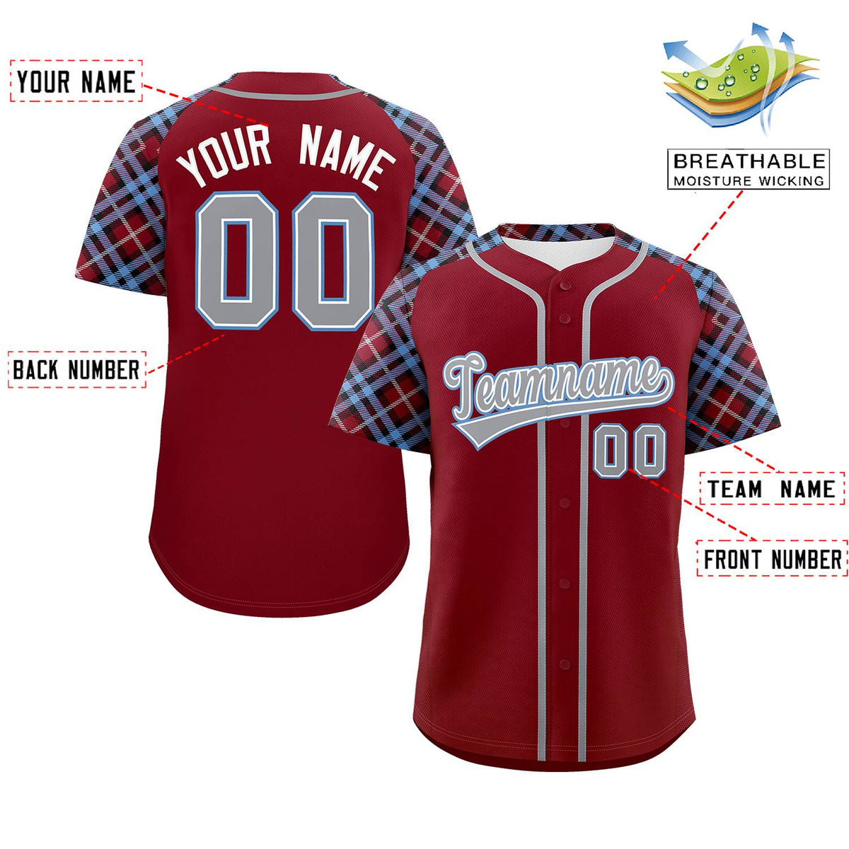Custom Crimson Gray-Light Blue Personalized Raglan Sleeves Authentic Baseball Jersey | KXKSHOP
