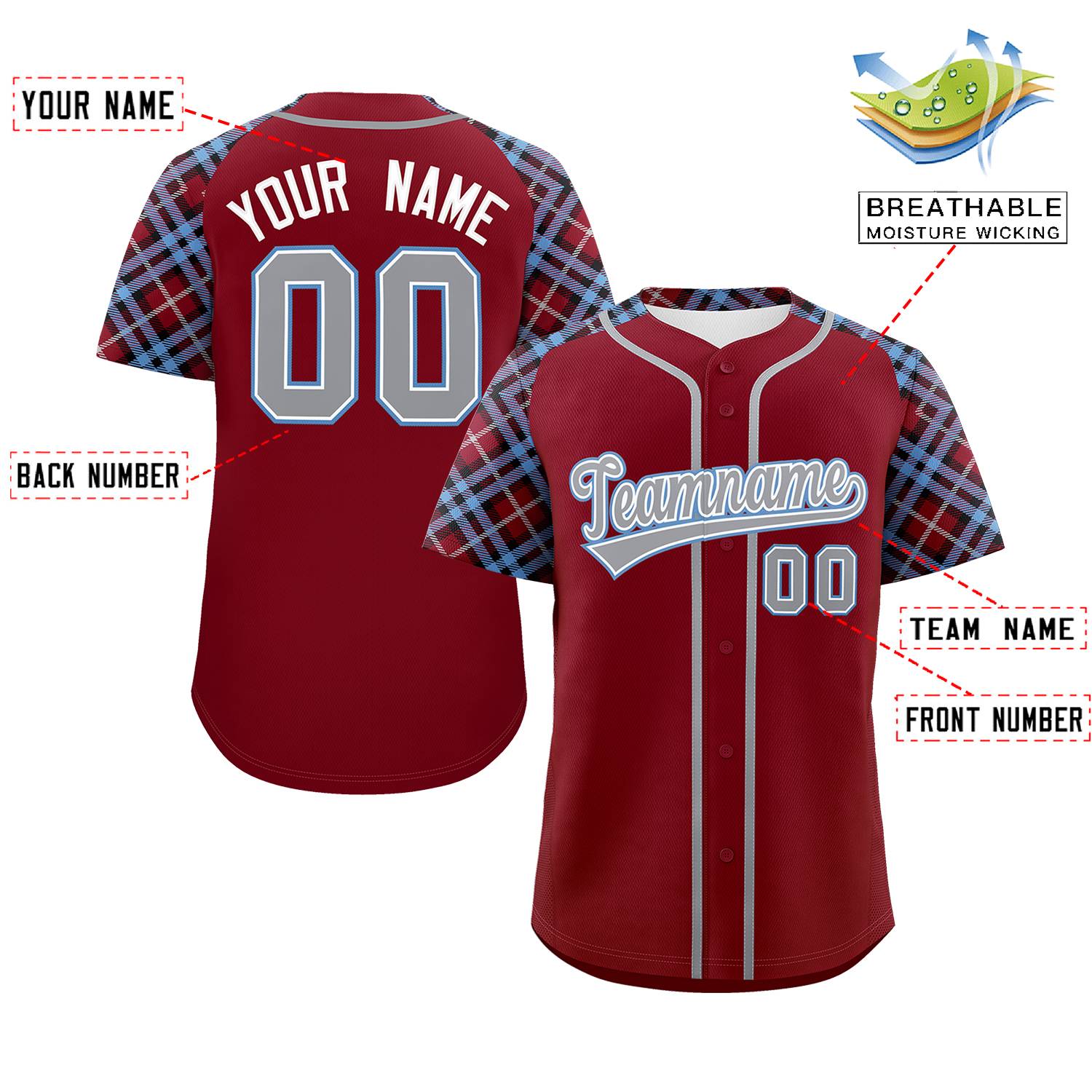 Custom Crimson Gray-Light Blue Personalized Raglan Sleeves Authentic Baseball Jersey | KXKSHOP