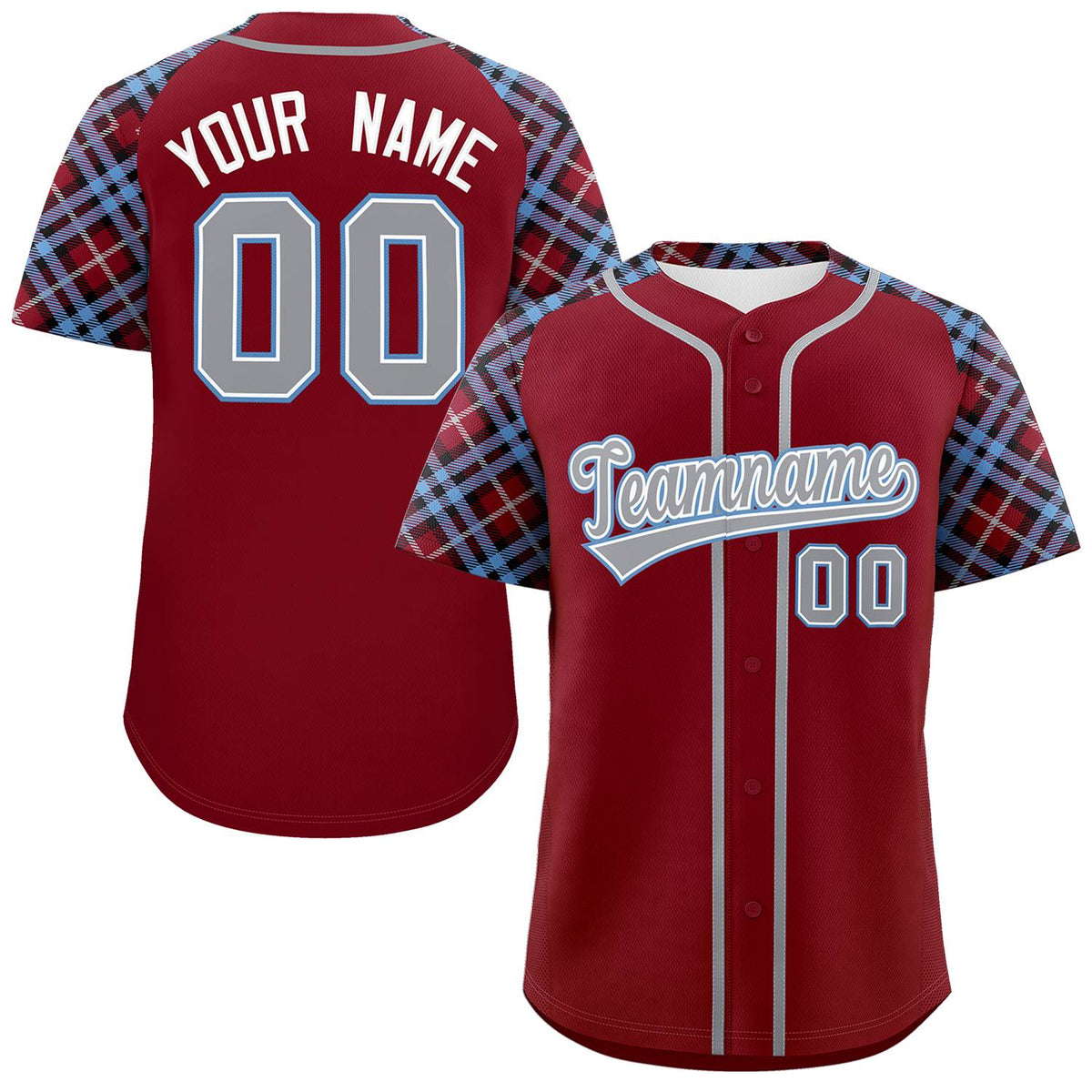 Custom Crimson Gray-Light Blue Personalized Raglan Sleeves Authentic Baseball Jersey | KXKSHOP