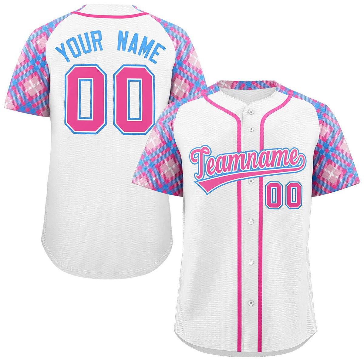 Custom White Pink-Powder Blue Personalized Raglan Sleeves Authentic Baseball Jersey | KXKSHOP
