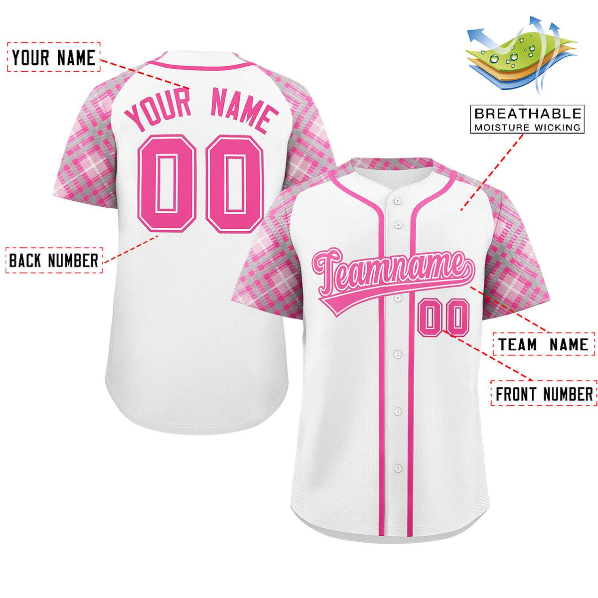 Custom White Pink- Personalized Raglan Sleeves Authentic Baseball Jersey | KXKSHOP