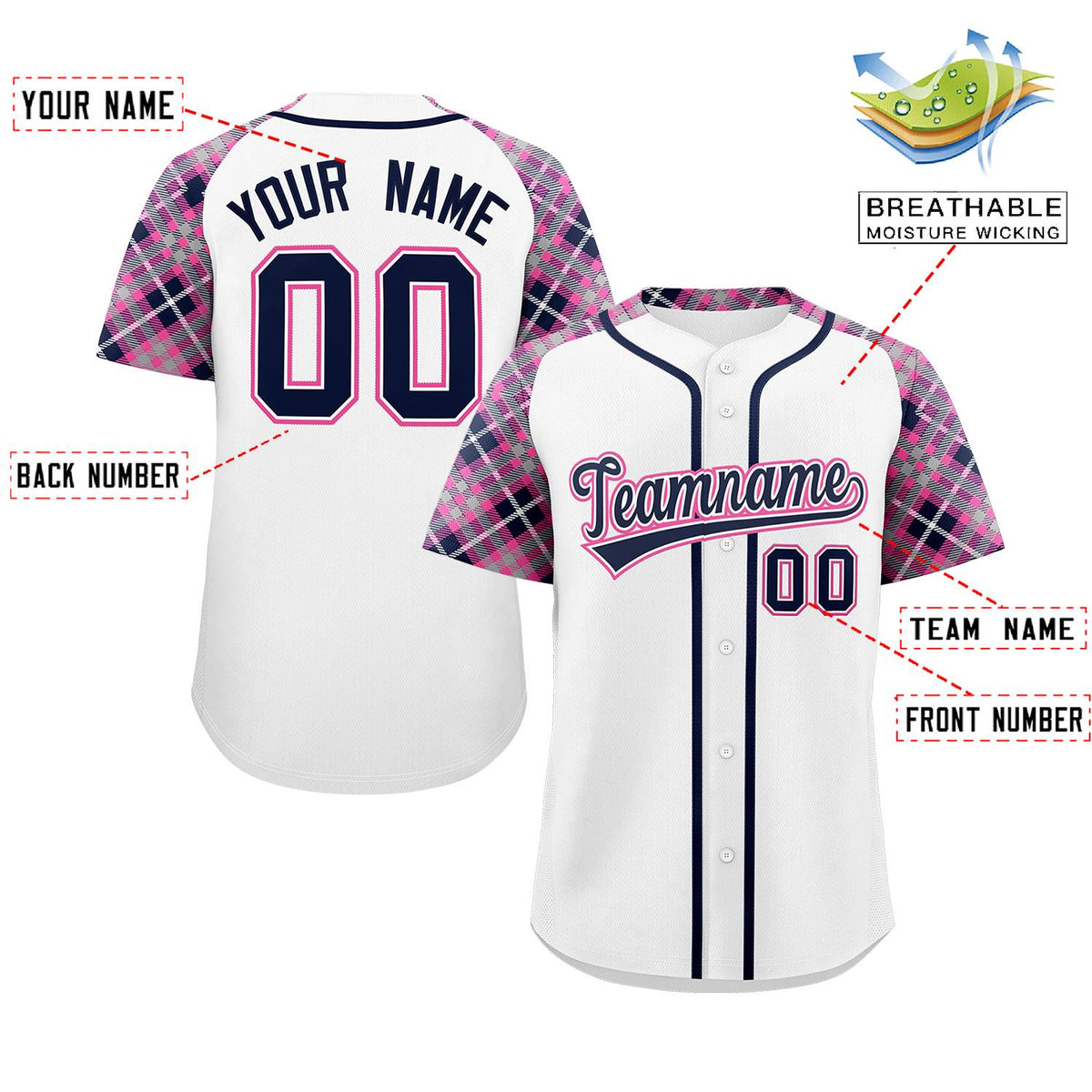 Custom White Navy-Pink Personalized Raglan Sleeves Authentic Baseball Jersey | KXKSHOP