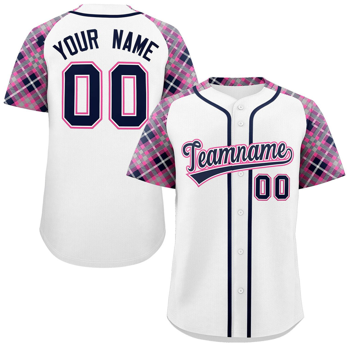 Custom White Navy-Pink Personalized Raglan Sleeves Authentic Baseball Jersey | KXKSHOP