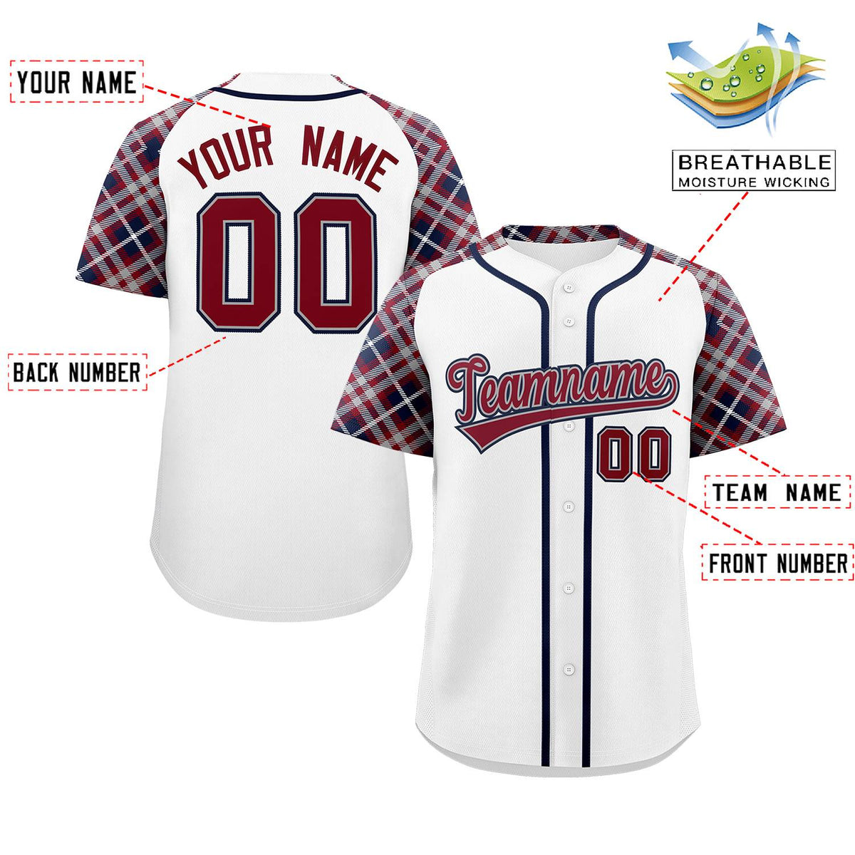 Custom White Crimson-Navy Personalized Raglan Sleeves Authentic Baseball Jersey | KXKSHOP