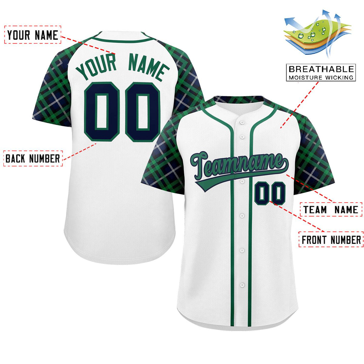 Custom White Kelly Green-Navy Personalized Raglan Sleeves Authentic Baseball Jersey | KXKSHOP