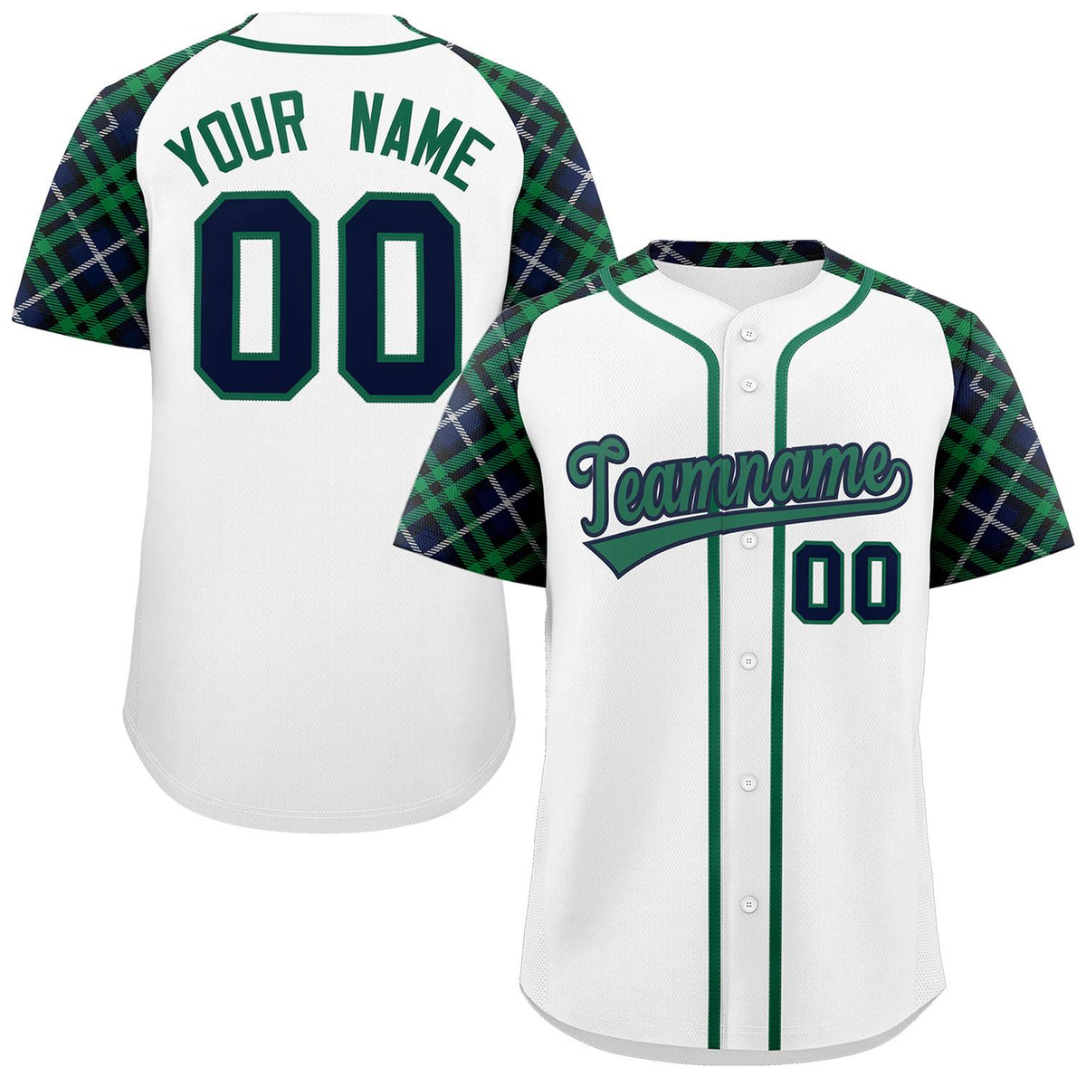Custom White Kelly Green-Navy Personalized Raglan Sleeves Authentic Baseball Jersey | KXKSHOP