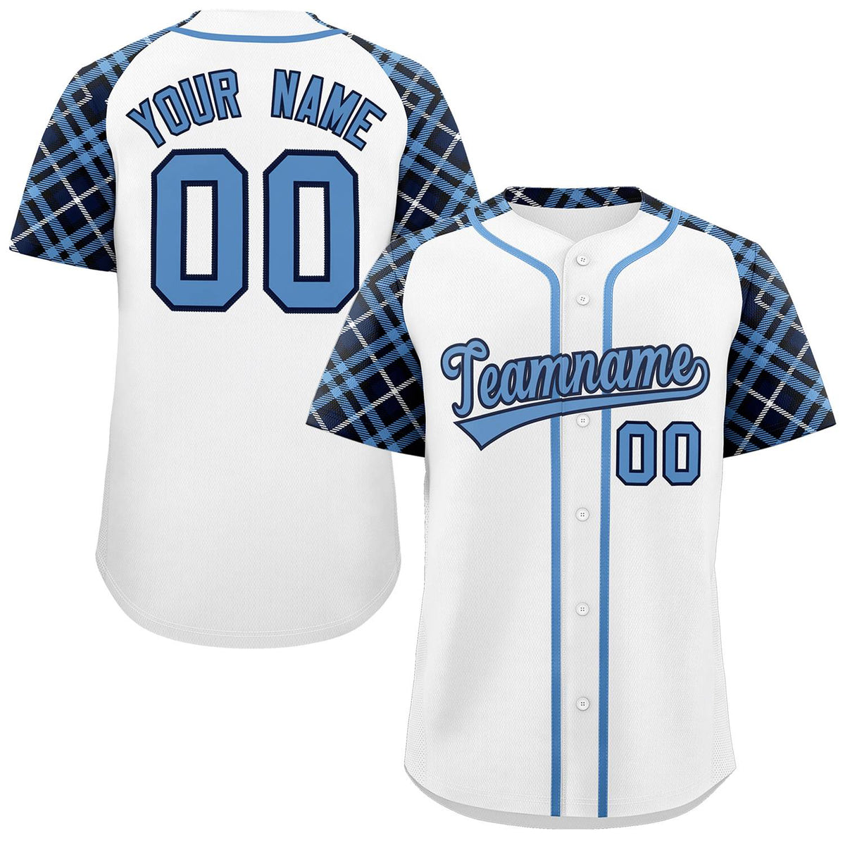 Custom White Light Blue-Navy Personalized Raglan Sleeves Authentic Baseball Jersey | KXKSHOP
