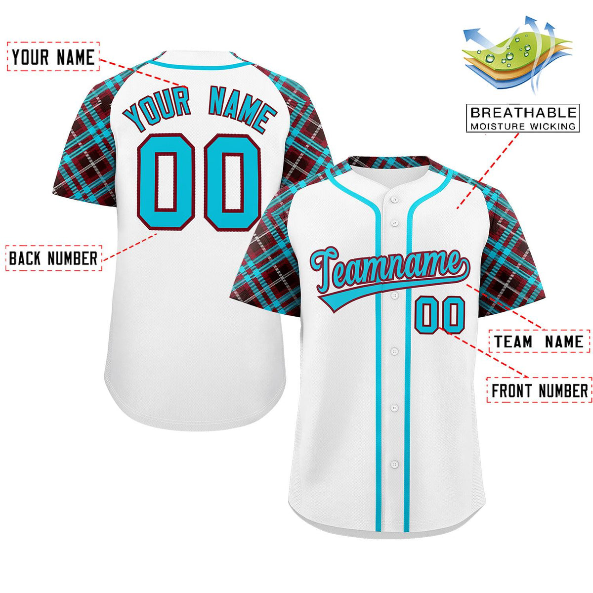 Custom White Sky Blue-Crimson Personalized Raglan Sleeves Authentic Baseball Jersey | KXKSHOP
