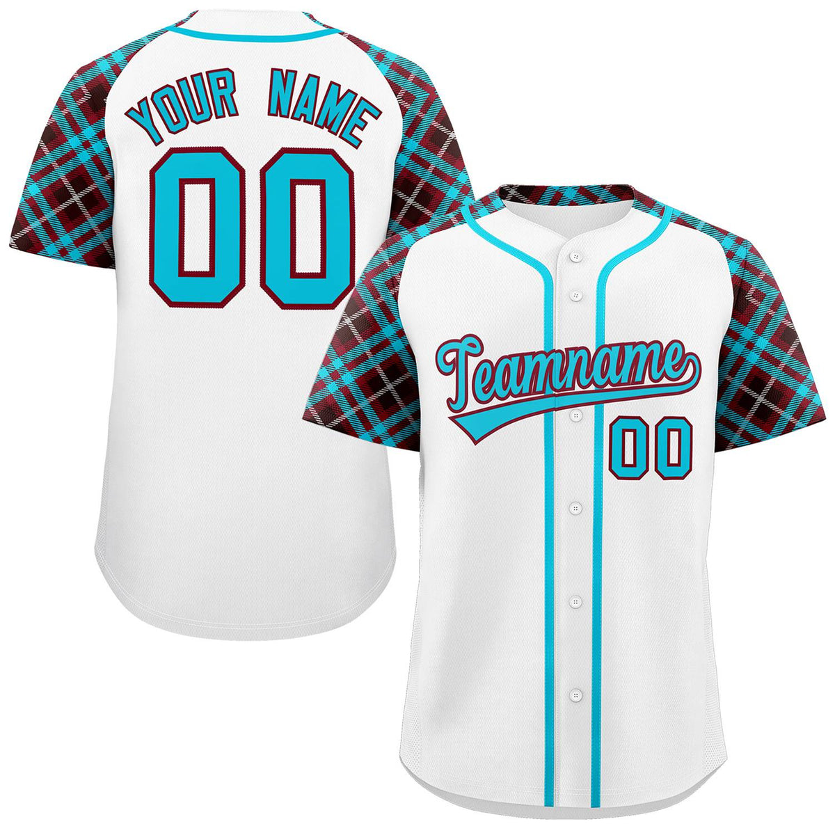 Custom White Sky Blue-Crimson Personalized Raglan Sleeves Authentic Baseball Jersey | KXKSHOP