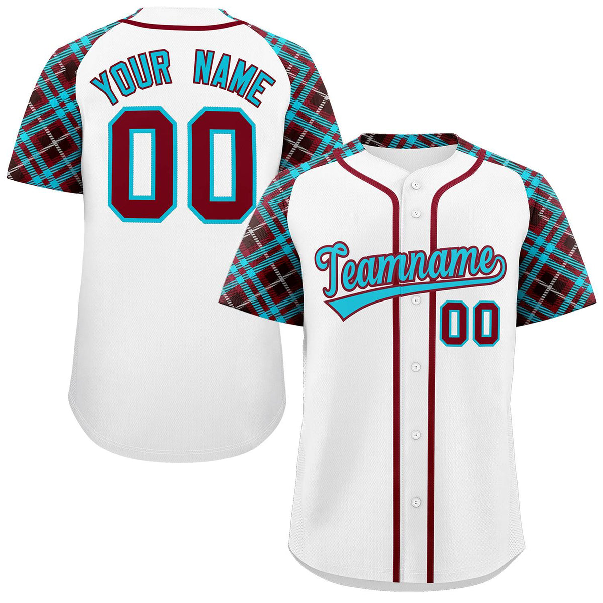 Custom White Sky Blue-Crimson Personalized Raglan Sleeves Authentic Baseball Jersey | KXKSHOP