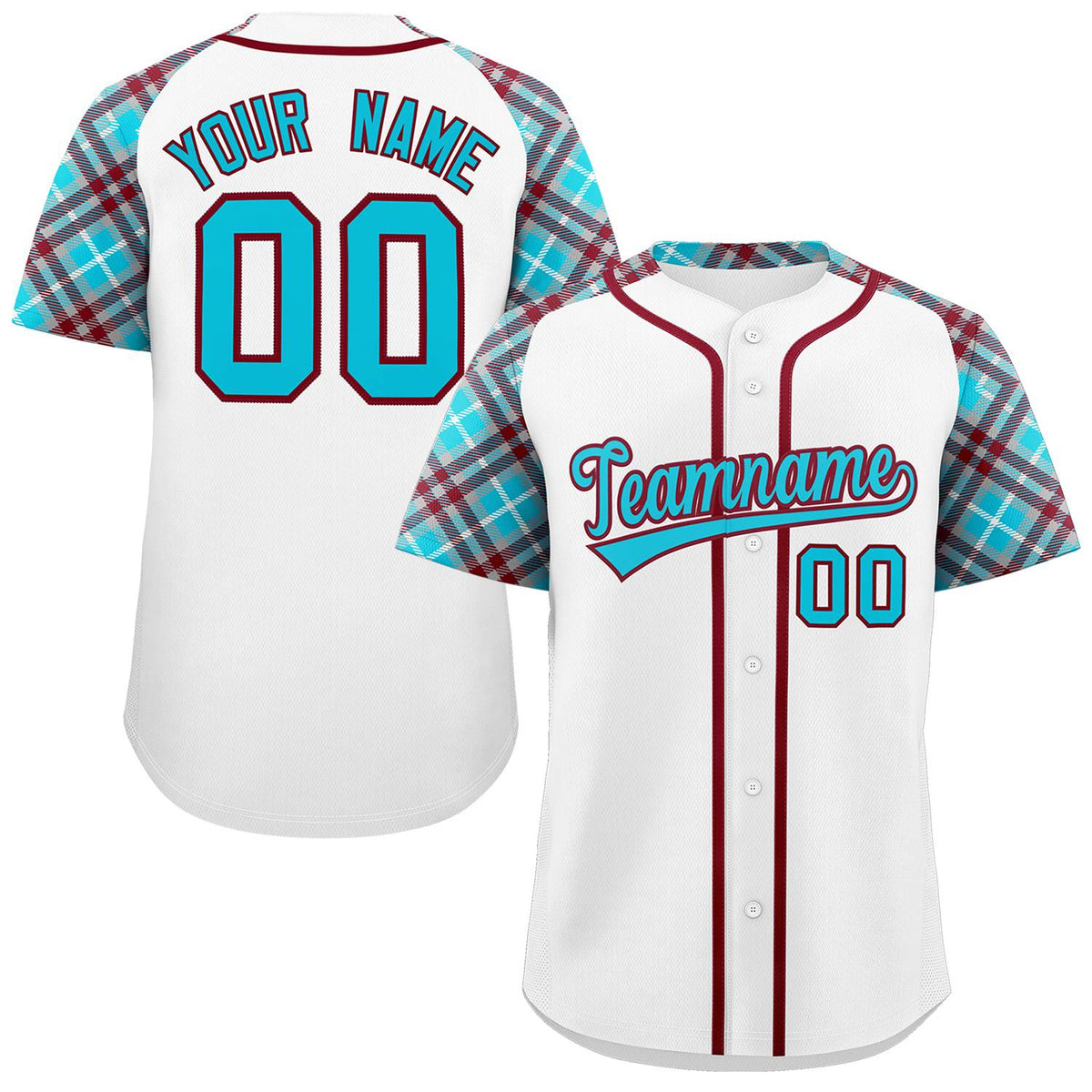 Custom White Sky Blue-Crimson Personalized Raglan Sleeves Authentic Baseball Jersey | KXKSHOP