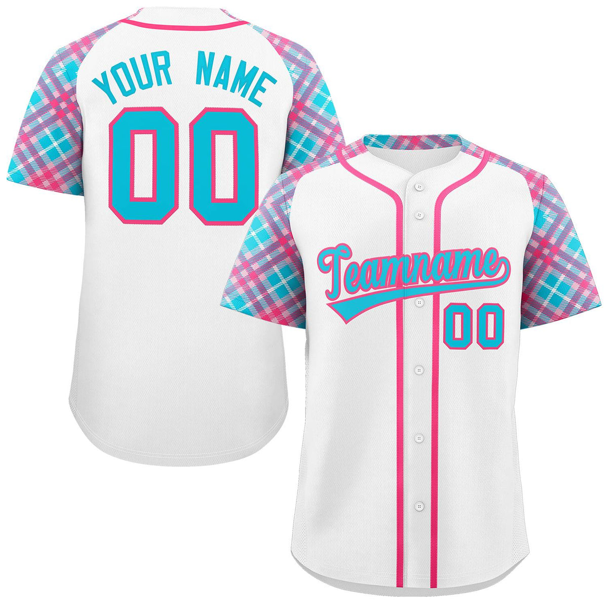 Custom White Powder Blue-Pink Personalized Raglan Sleeves Authentic Baseball Jersey | KXKSHOP