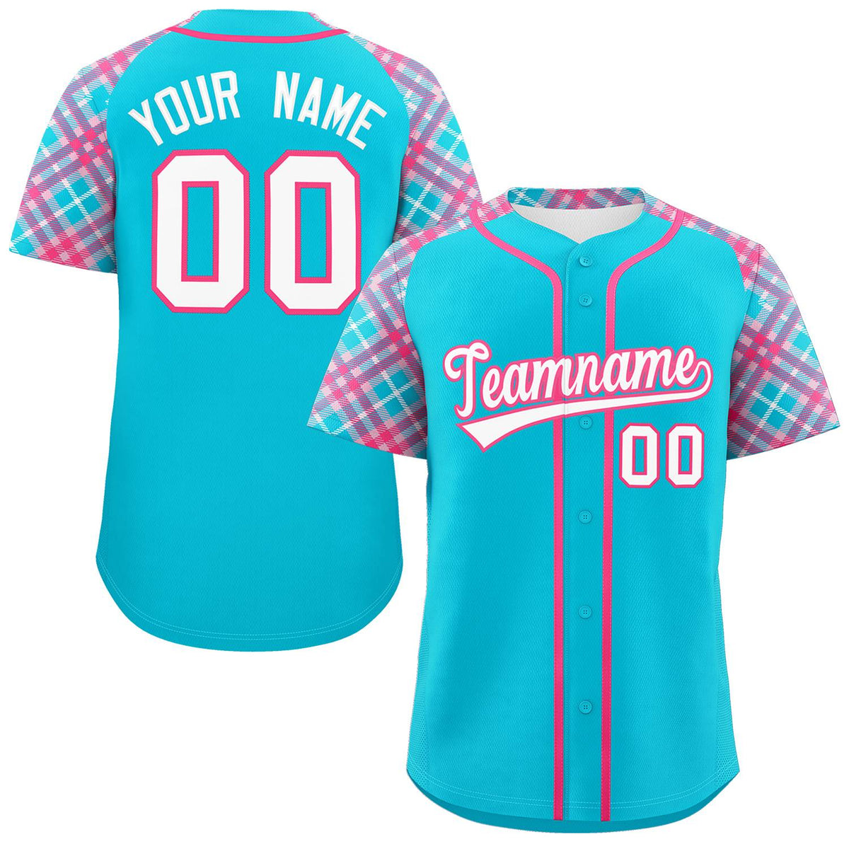 Custom Sky Blue White-Pink Personalized Raglan Sleeves Authentic Baseball Jersey | KXKSHOP