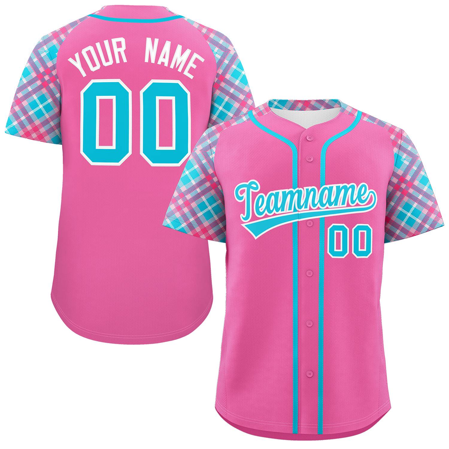 Custom Pink Sky Blue-White Personalized Raglan Sleeves Authentic Baseball Jersey | KXKSHOP