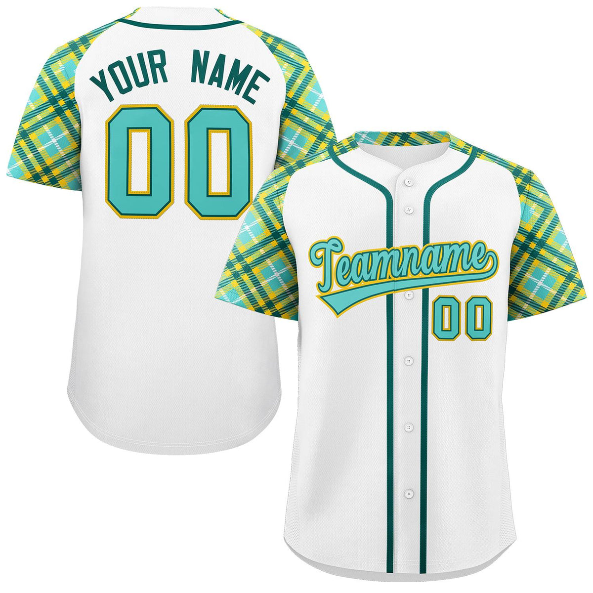 Custom White Bright Green-Gold Personalized Raglan Sleeves Authentic Baseball Jersey | KXKSHOP
