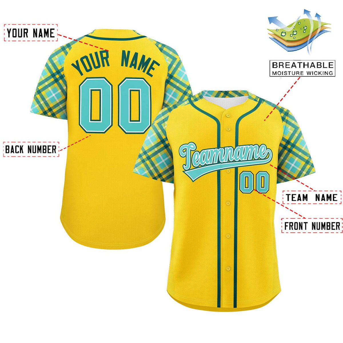 Custom Gold Bright Green-Midnight Green Personalized Raglan Sleeves Authentic Baseball Jersey | KXKSHOP