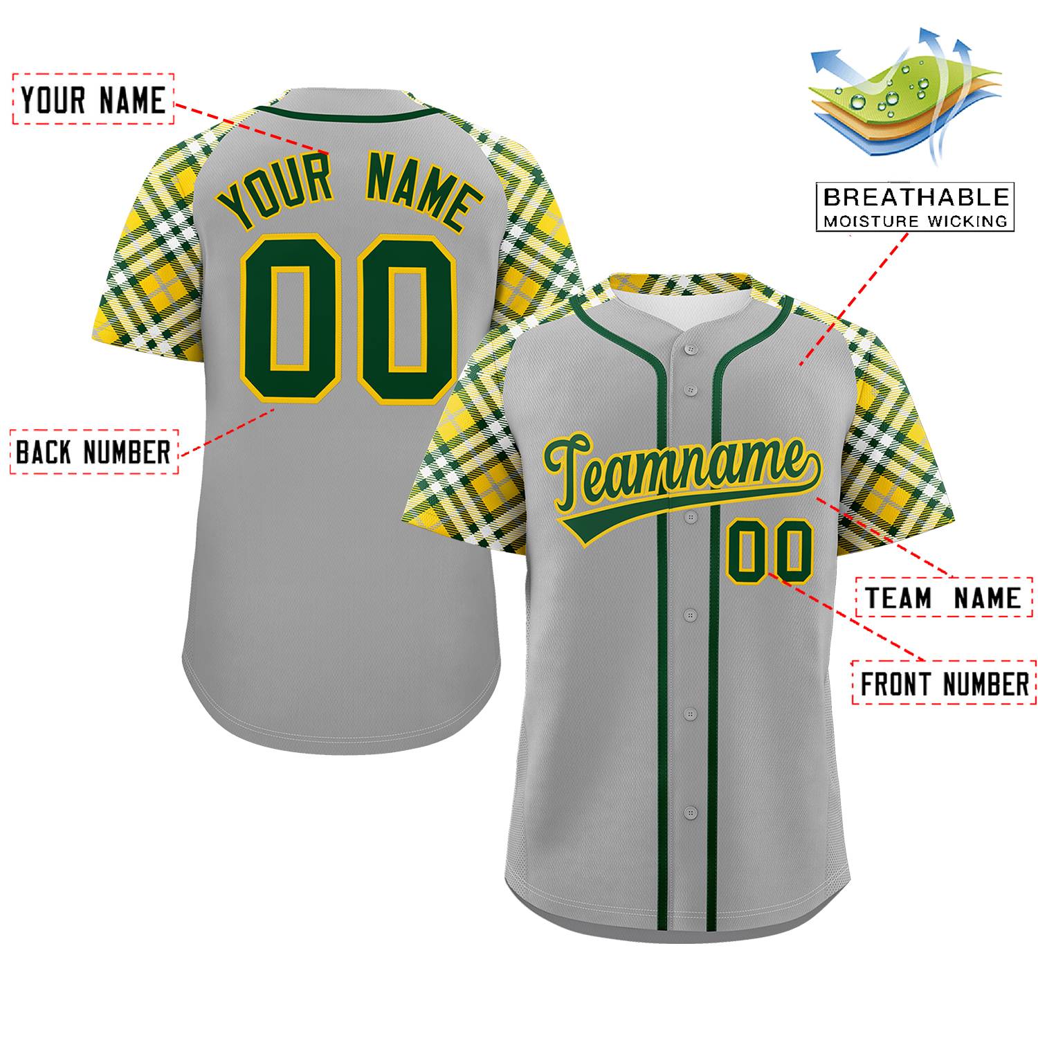 Custom Gray Green-Gold Personalized Raglan Sleeves Authentic Baseball Jersey | KXKSHOP