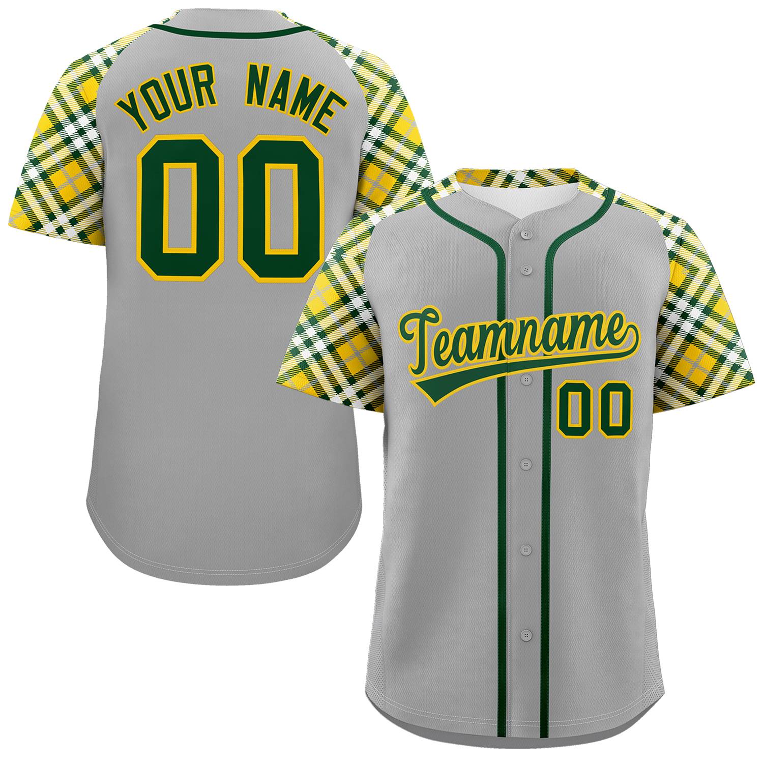 Custom Gray Green-Gold Personalized Raglan Sleeves Authentic Baseball Jersey | KXKSHOP
