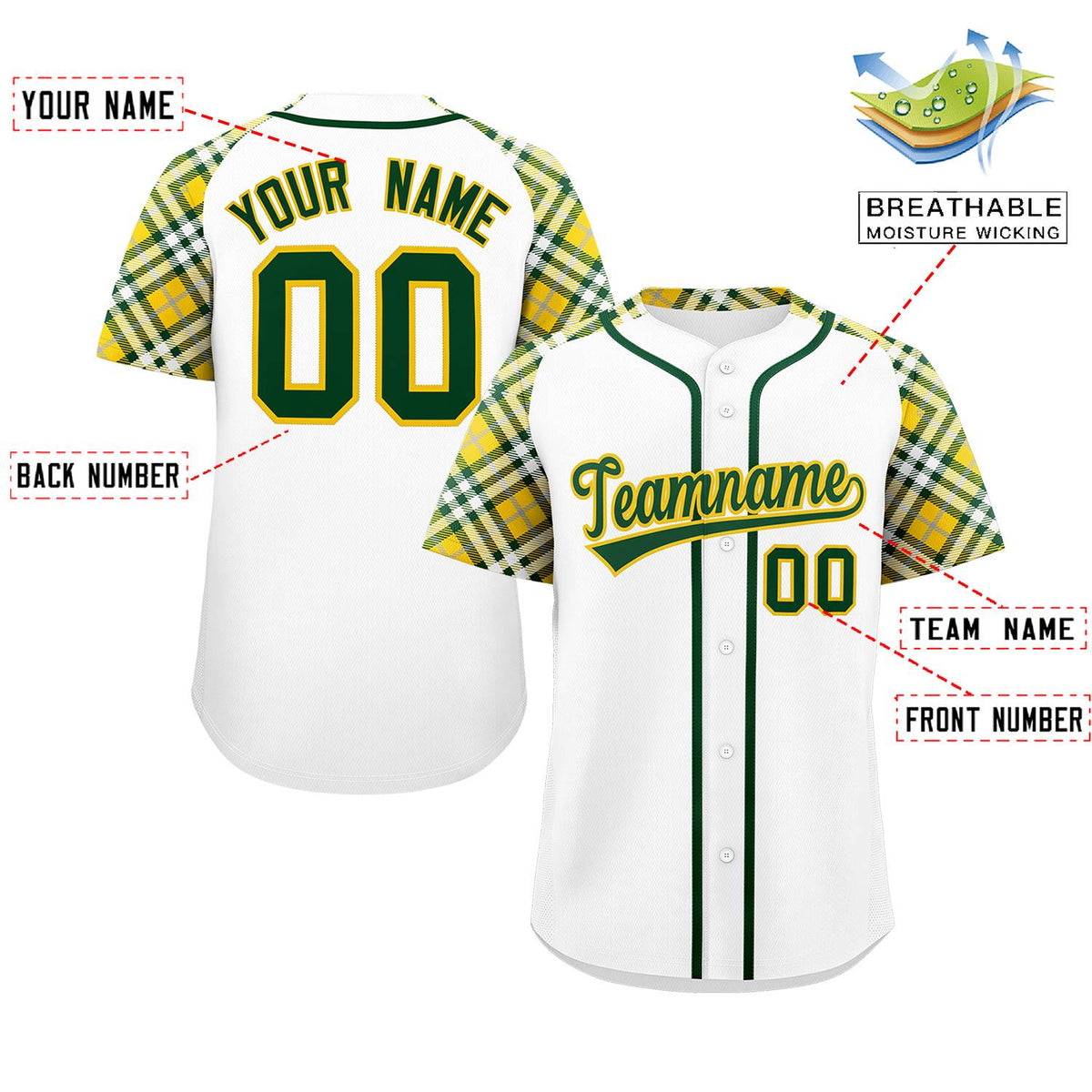 Custom White Green-Gold Personalized Raglan Sleeves Authentic Baseball Jersey | KXKSHOP